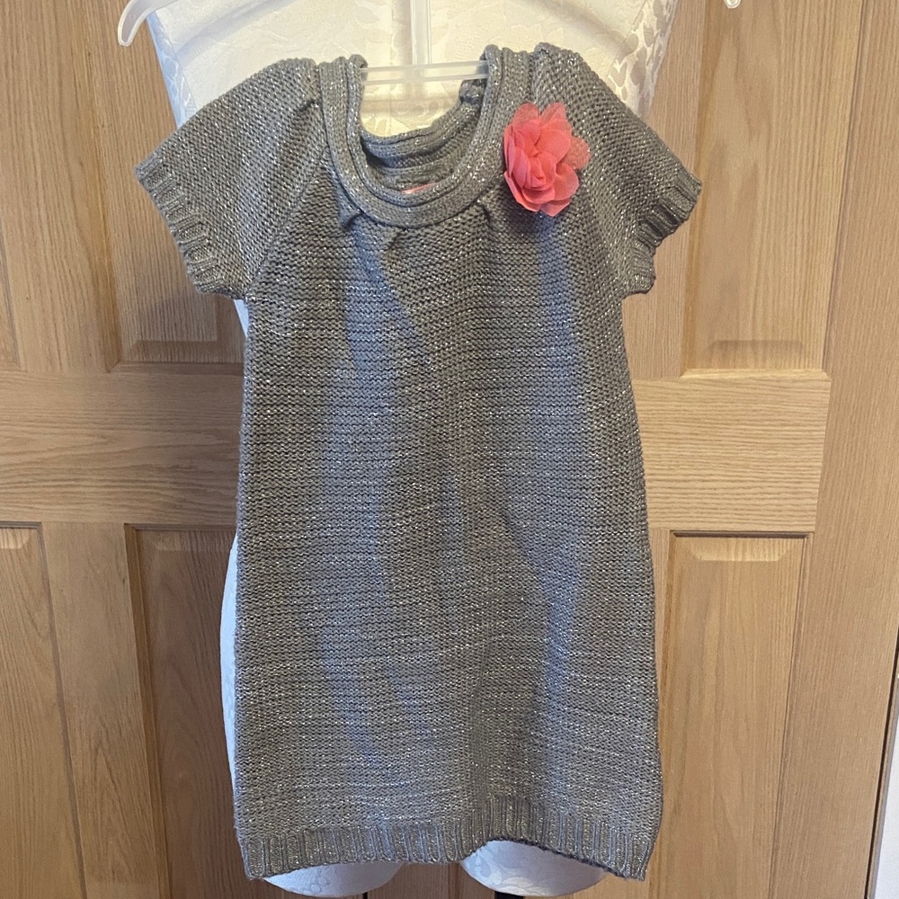 Gray Knit Dress with Pink Flower Accent